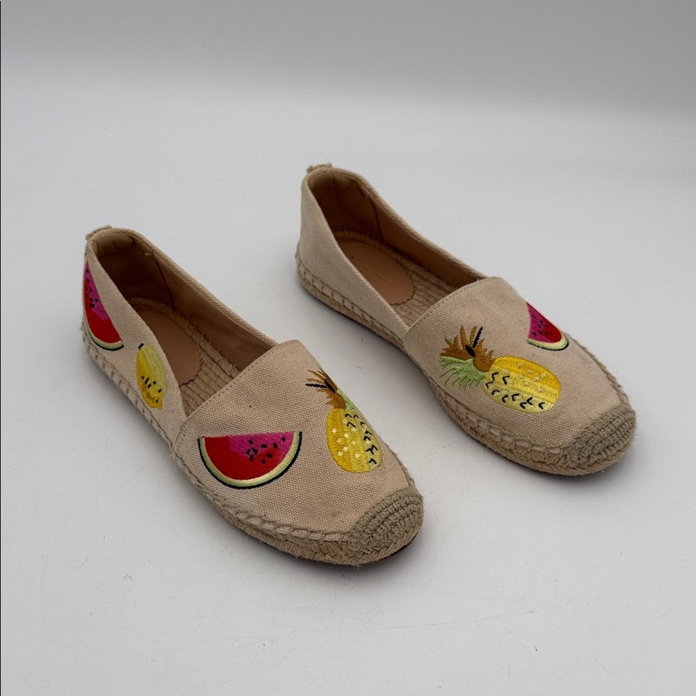 J. Crew Beige Espadrilles Fruit Embroidery canvas women 7.5 slip on beach vacay